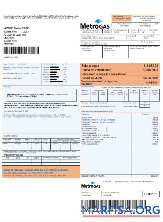 Printable Argentina Metrogas easy to fill business utility bill template in Word and PDF format